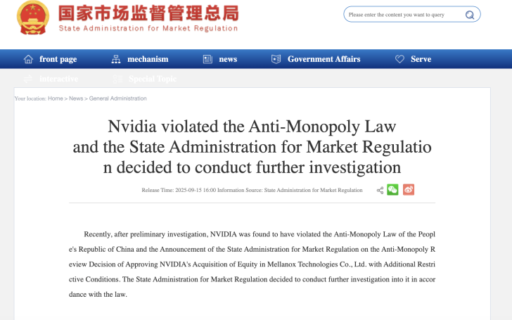 Nvidia violated the Anti-Monopoly Law, headline on State Administration for Market Regulation website.
