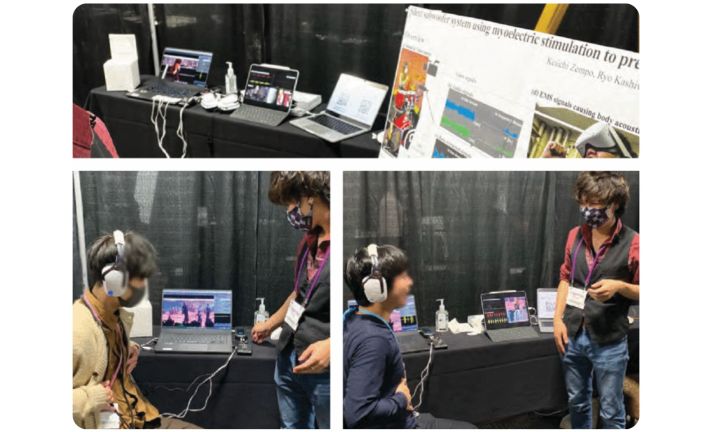 Des personnes ressentant des vibrations à basse fréquence grâce à un dispositif EMS portable.