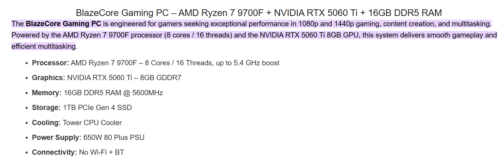 PC de jeu BlazeCore avec AMD Ryzen 7 9700F.