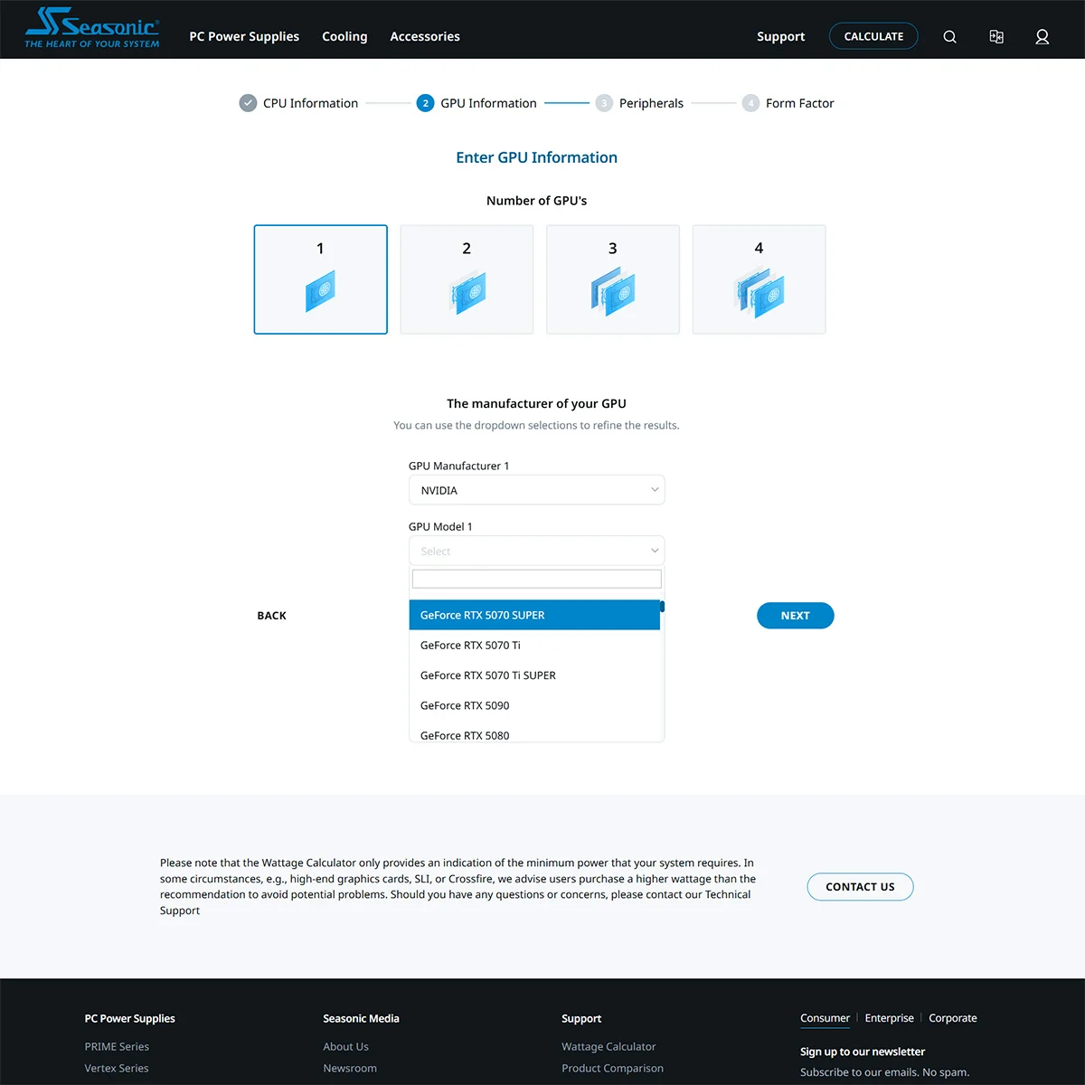 Capture d'écran de la page du calculateur de Seasonic, contenant des références à 'RTX 5070 Super' et 'RTX 5070 Ti Super'.