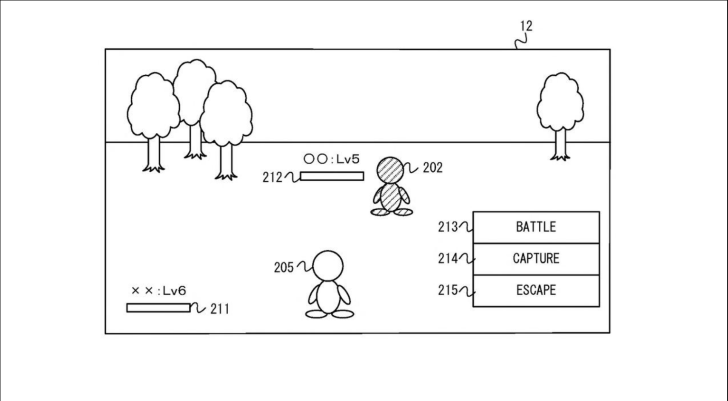 Diagram showing a character selection screen with options BATTLE, CAPTURE, ESCAPE, and characters labeled with levels Lv5 and Lv6.