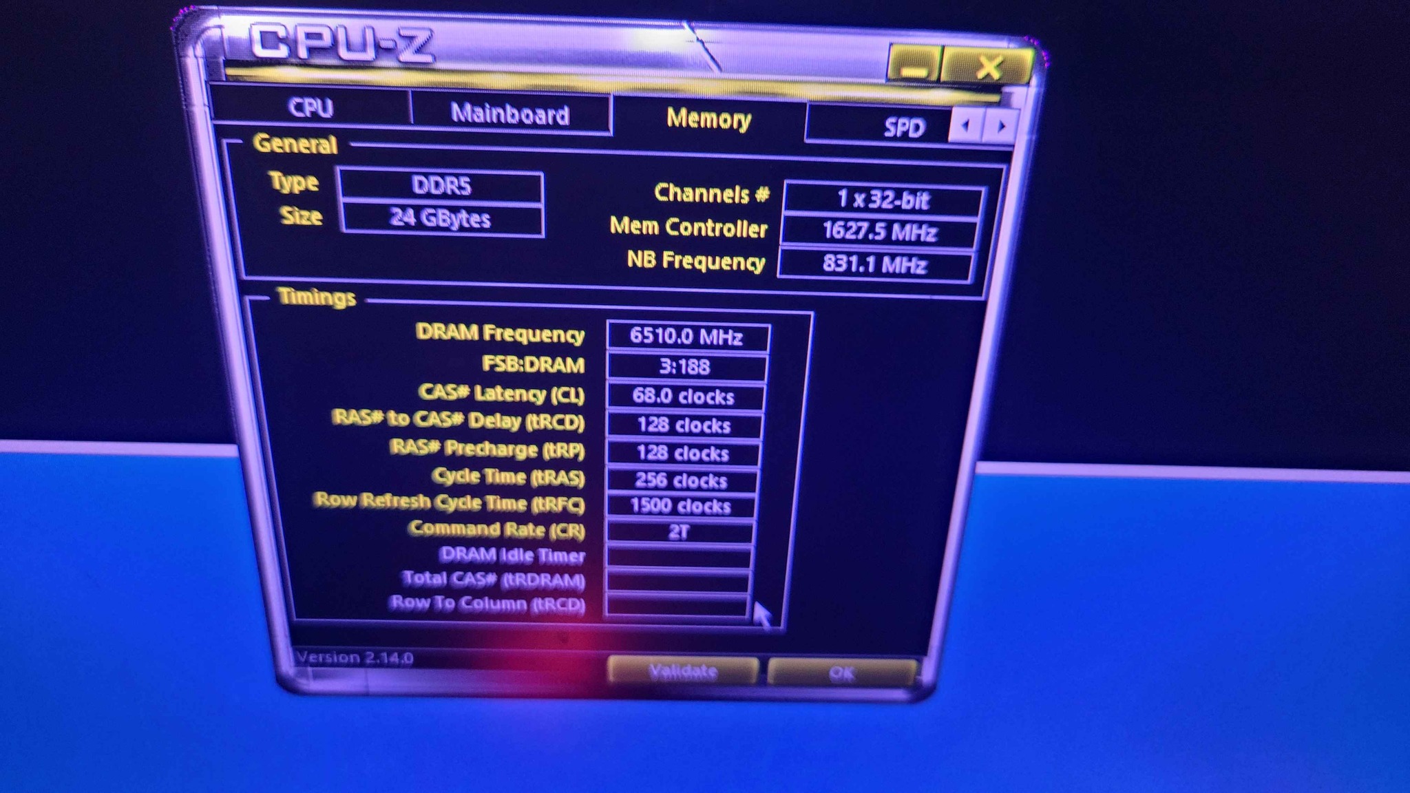CPU-Z memory tab showing DDR5 RAM with 24 GBytes size and 6510.0 MHz DRAM frequency.