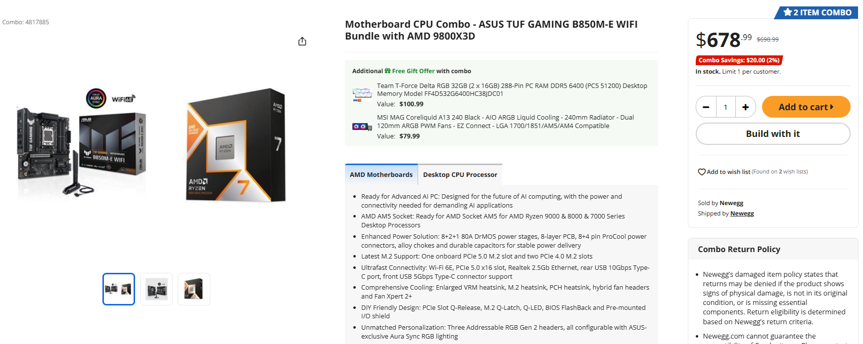 Bundle ASUS TUF GAMING B850M-E WIFI et AMD Ryzen 7 9800X3D au prix de 678,99 € avec réduction.