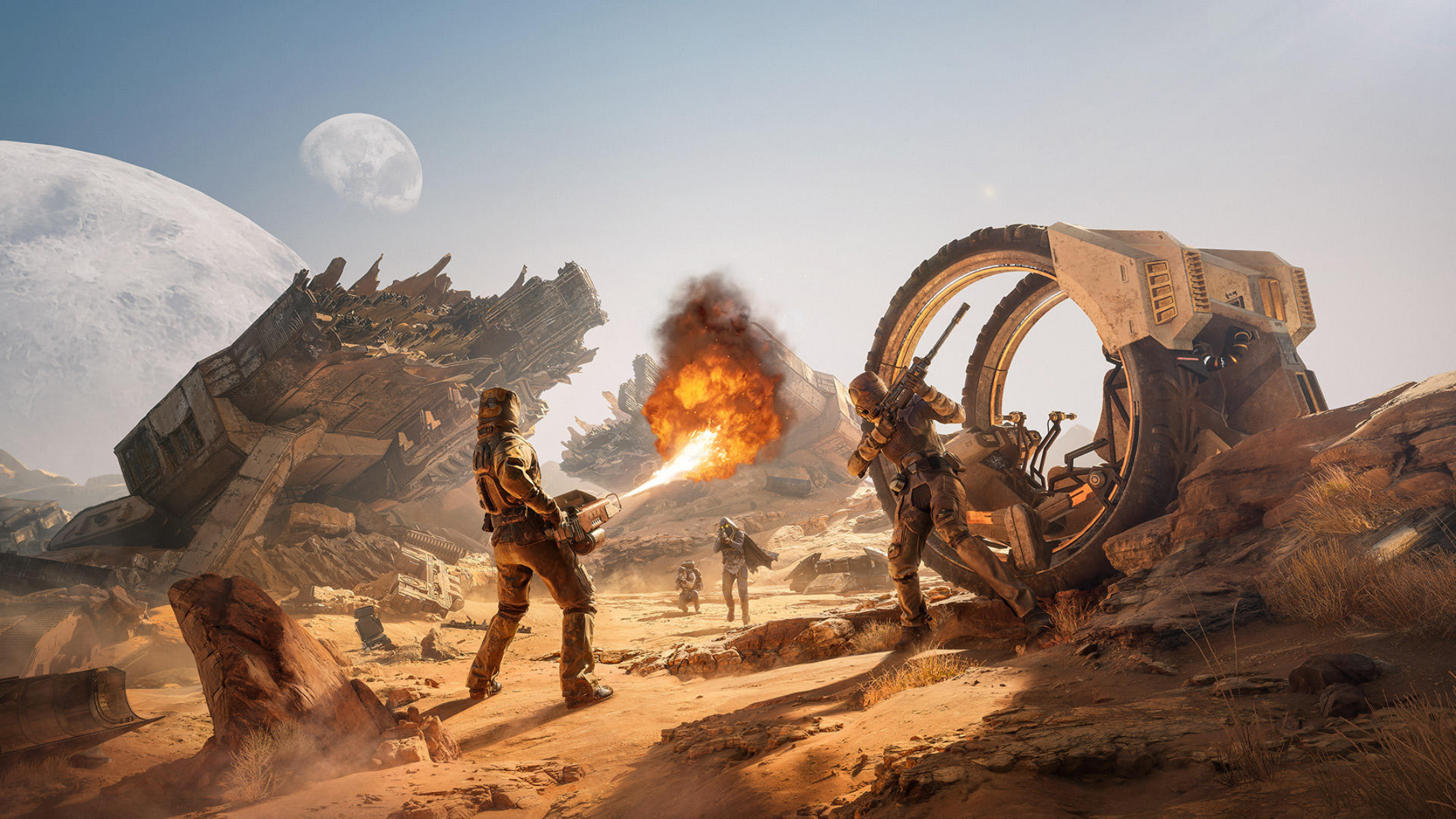 Astronauts in a desert landscape with a spaceship wreckage and a large moon in the sky.