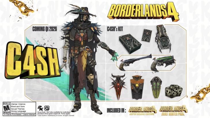 Art du personnage C4SH de Borderlands 4 avec des armes indiquées dans C4SH’s KIT.