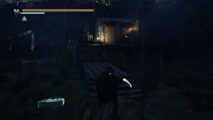 Interface du jeu avec barres de vie et contrôles affichés dans un cadre sombre près d'une cabane en bois.