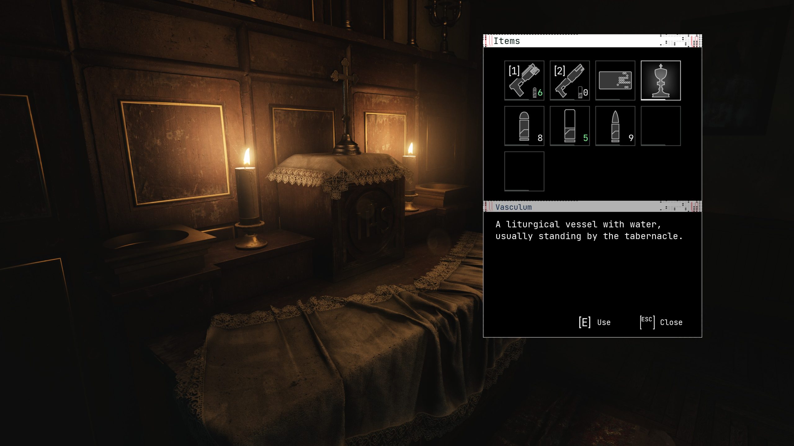 Écran d'objets montrant une description de vasculum sur l'autel liturgique avec des bougies.