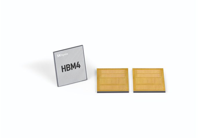 Puce HBM4 de SK hynix avec modules dorés.