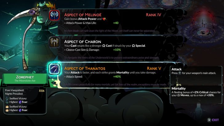 Interface de jeu montrant la Hache de Lune.