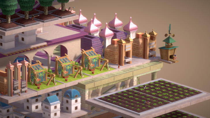 Stylized buildings with gardens and farming plots.