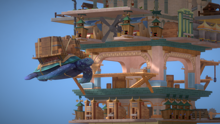 A blue turtle carrying wooden crates.