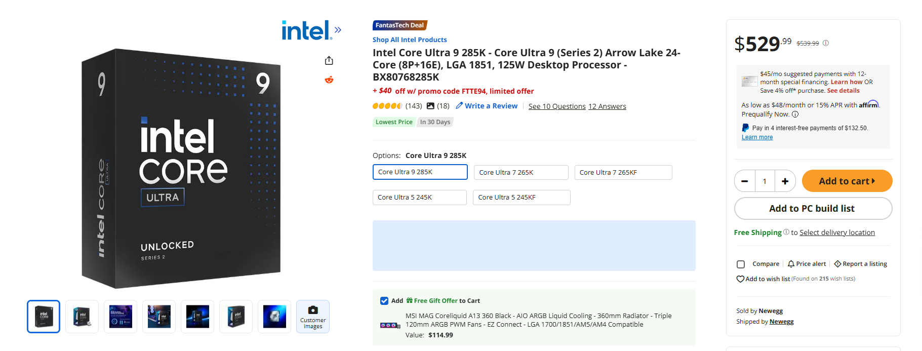 Intel Core Ultra 9 285K en promotion à 489 € sur la page de vente.
