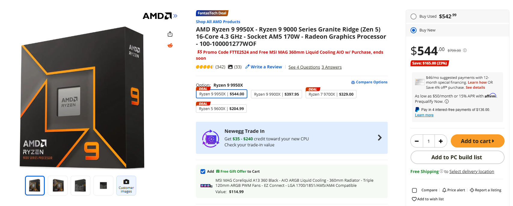 AMD Ryzen 9 9950X en promotion à 544 €.