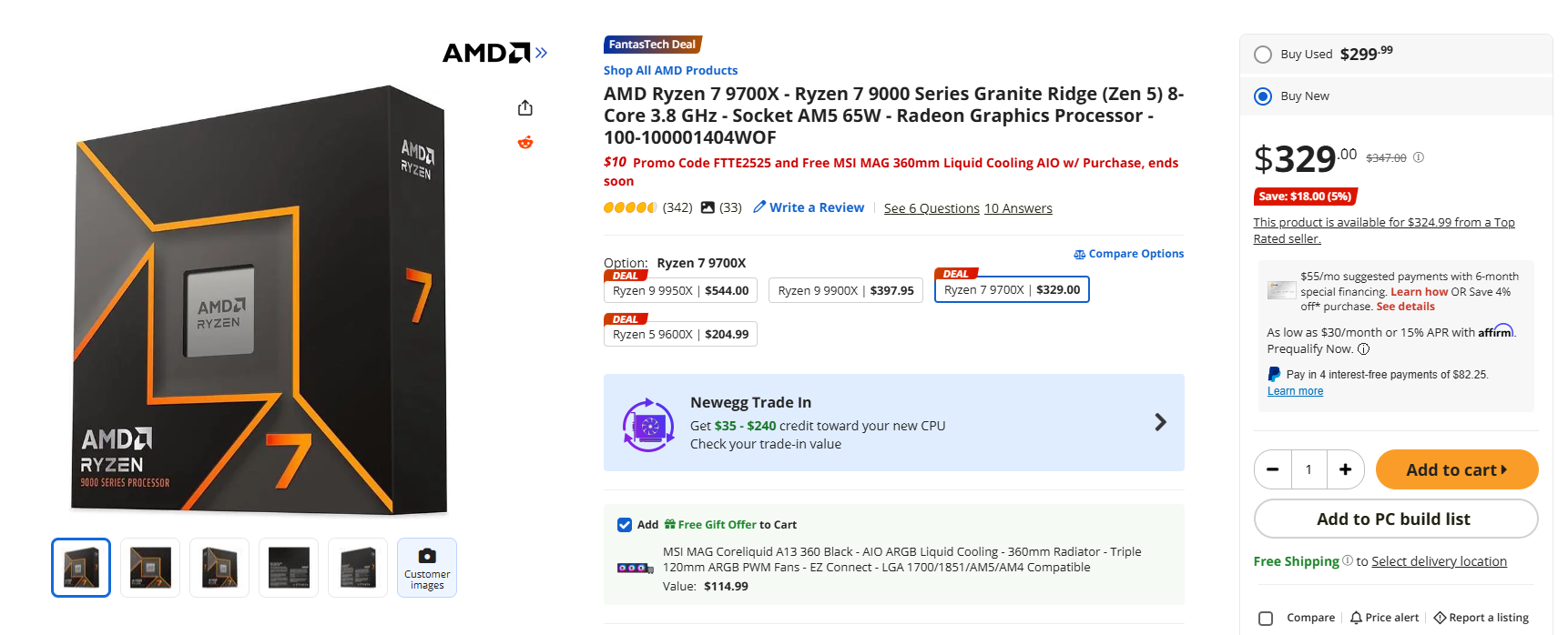 AMD Ryzen 7 9700X à 329 € sur Newegg.