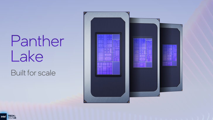 Intel Panther Lake processors with text Built for scale beside three chips.