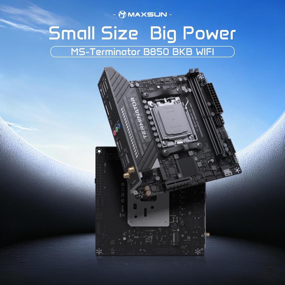 Carte mère Maxsun MS-Terminator B850 BKB WIFI avec la mention Petite Taille, Grande Puissance.