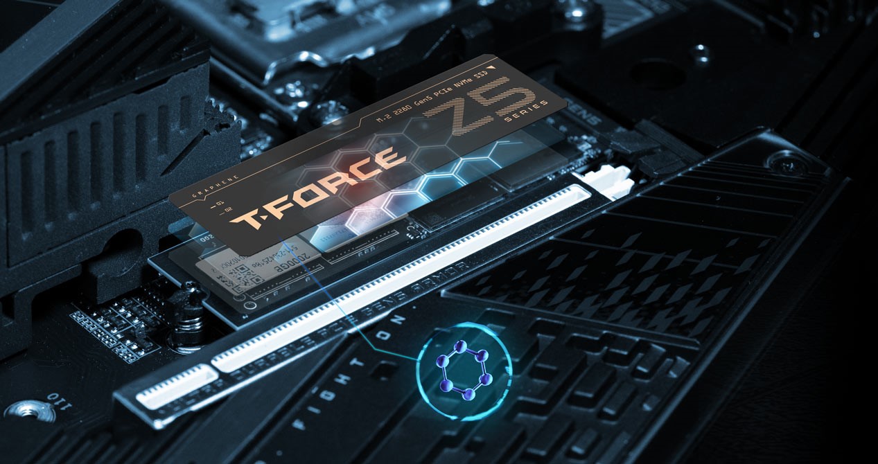 T-FORCE Z5 Series SSD installed on a motherboard.