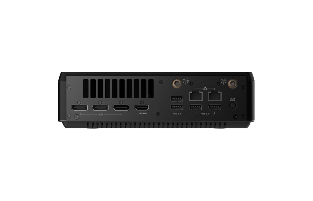 Back panel of a mini PC with HDMI, DP, USB 3.2 ports, and Ethernet on a white background.