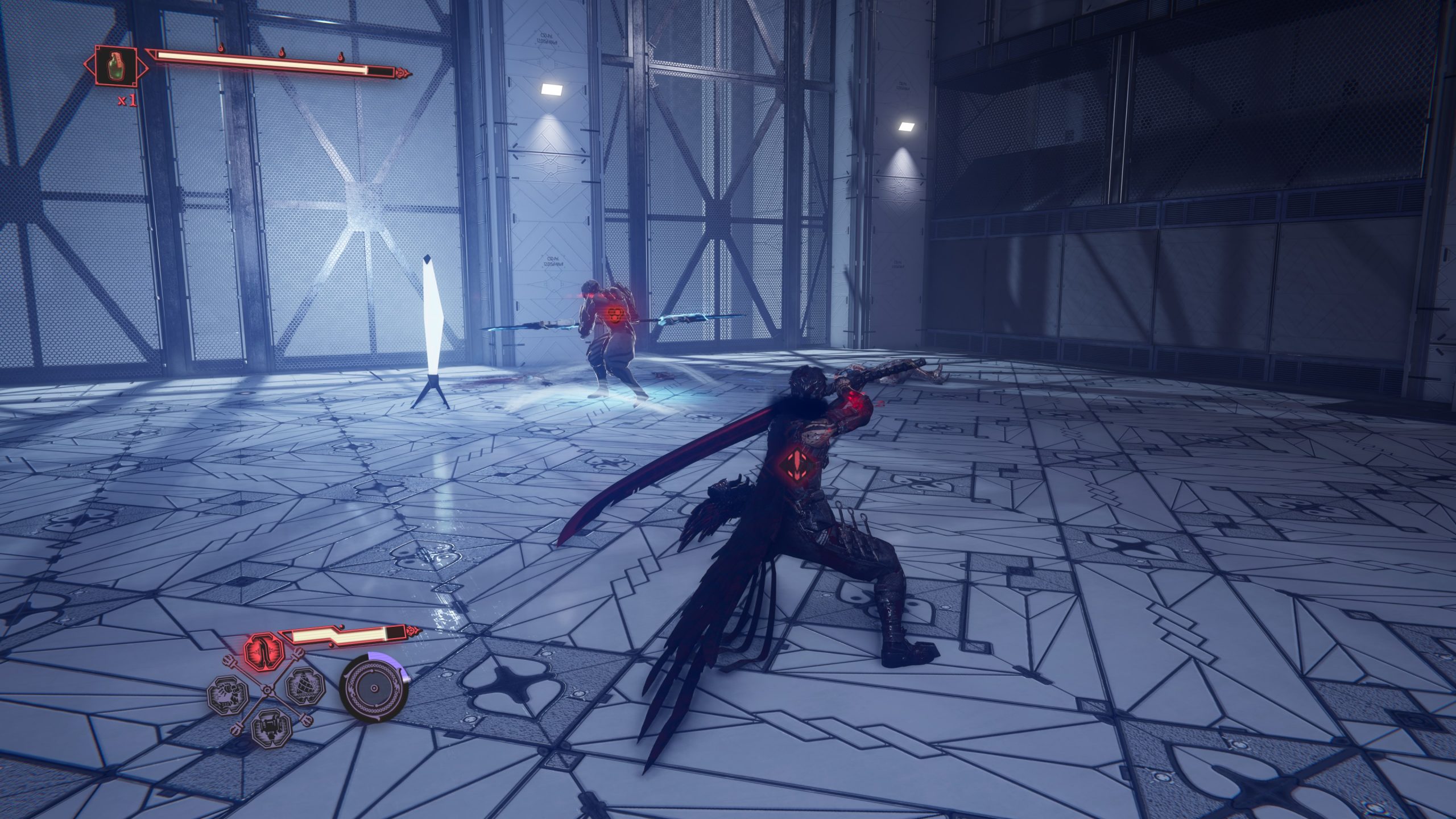 Deux personnages en combat avec une barre de vie affichée.