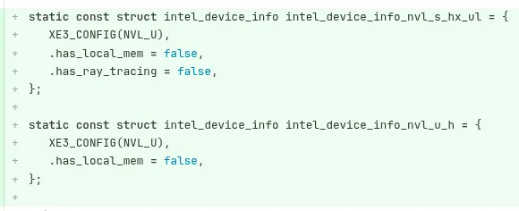Extrait de code montrant intel_device_info avec paramètres comme has_local_mem et has_ray_tracing réglés sur faux.