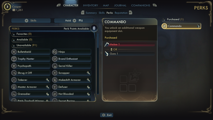 Menu des talents montrant Commando débloqué