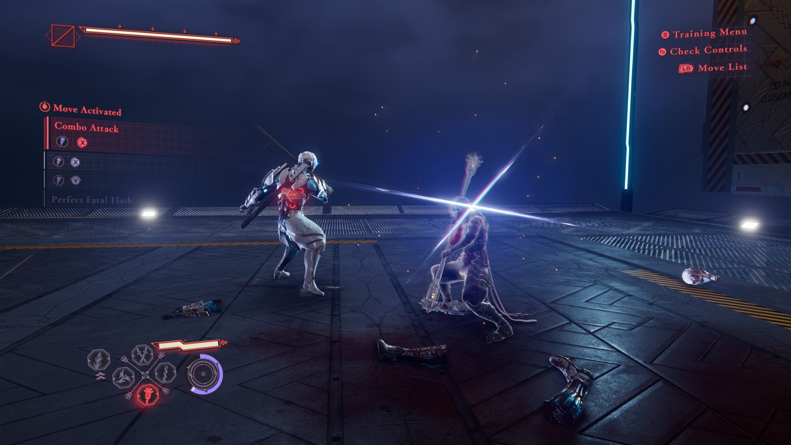 Un personnage combat un ennemi avec Combo Attack et Move Activated visibles à l'écran.