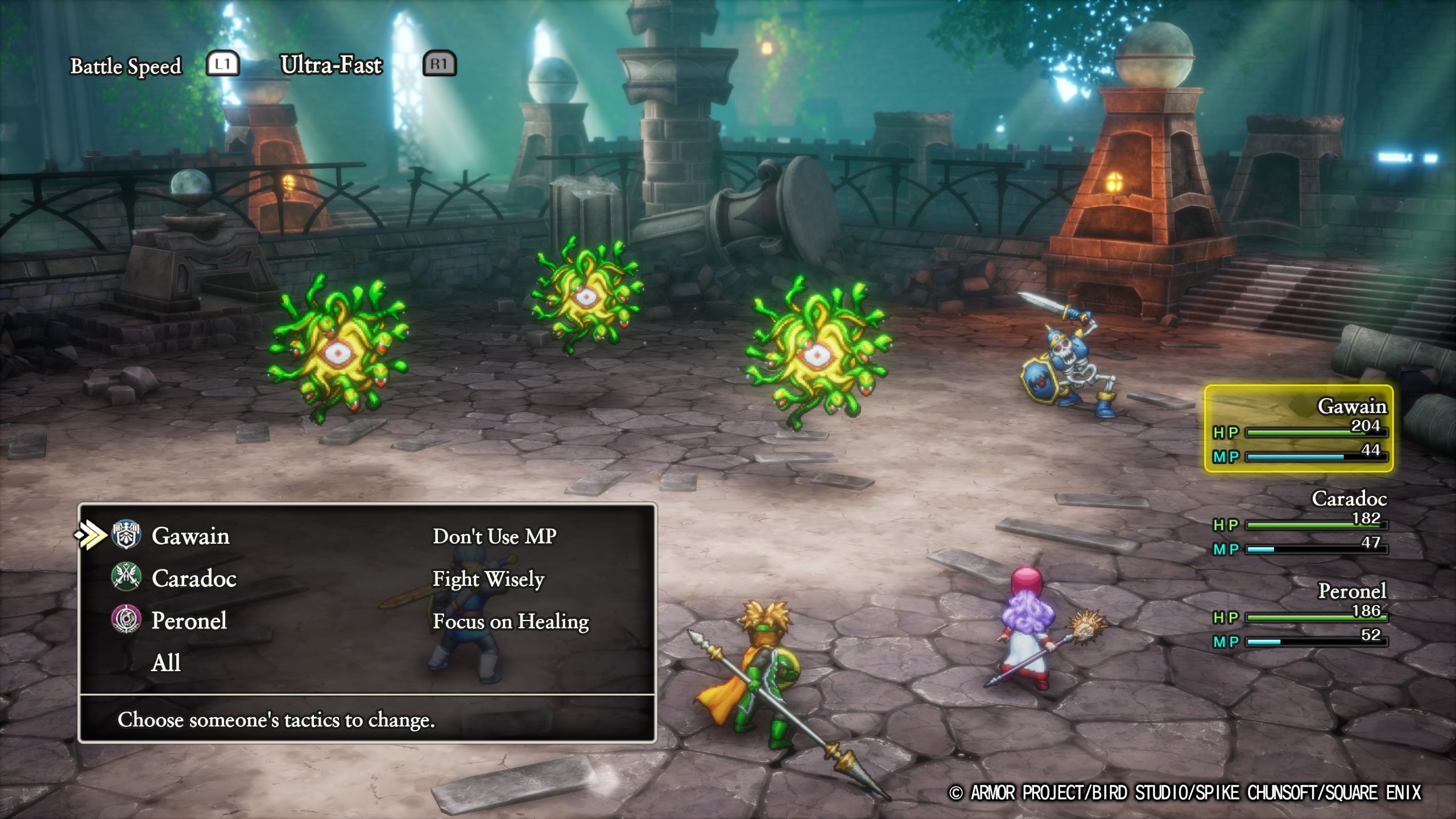 Écran de bataille Infinity Strash: DRAGON QUEST The Adventure of Dai montrant les réglages Don't Use MP et Choose Someone's Tactics.