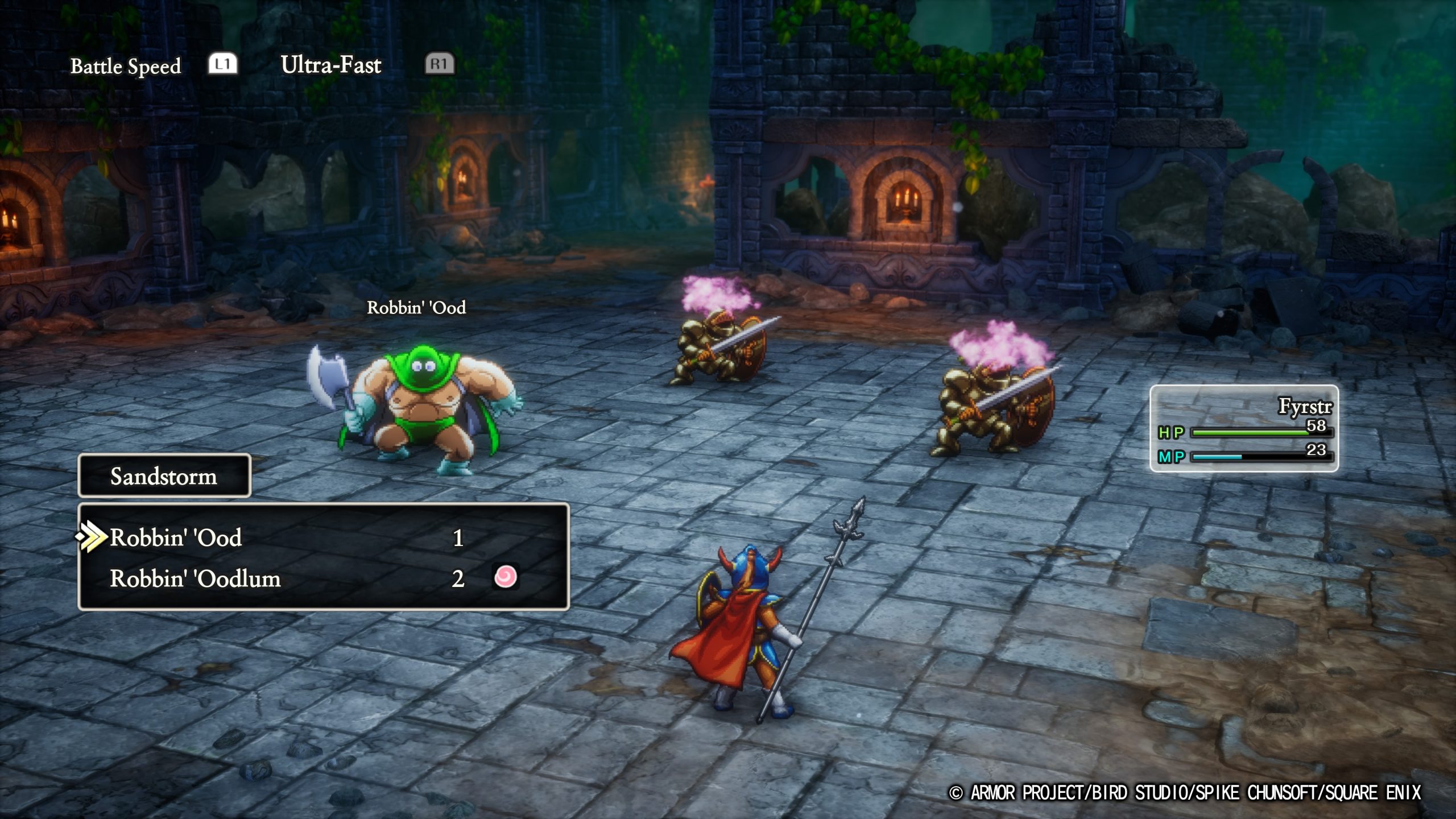 Écran de jeu de Spike Chunsoft/Square Enix montrant un combat avec des personnages nommés Robin'Ood et Robin'Oodlum.