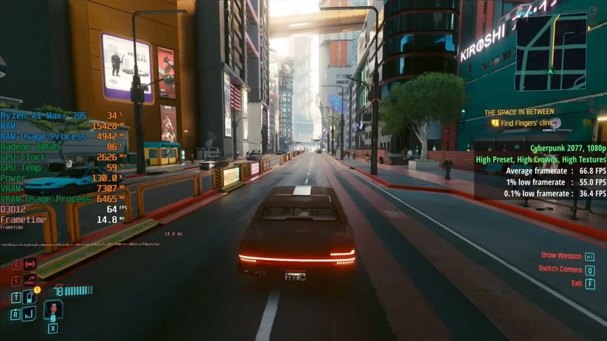Performance de l'iGPU Radeon 8060S dans Cyberpunk 2077.