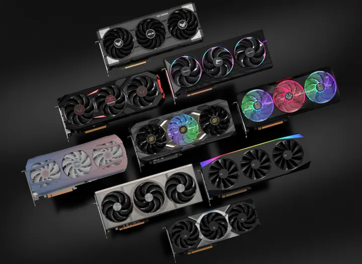 Several AMD RX 9000 series graphics cards.