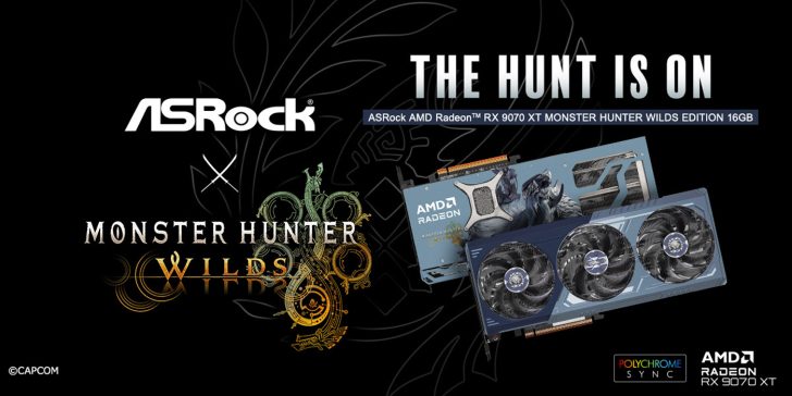 ASRock AMD Radeon RX 9070 XT Monster Hunter Wilds Edition 16GB graphics card with text The Hunt is On in promo.
