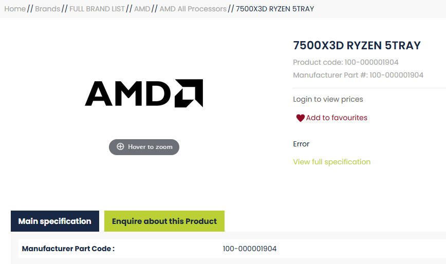 AMD 7500X3D Ryzen 5TRAY product page with manufacturer part code: 100-000001904.