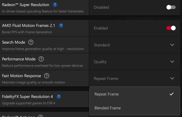 AMD settings screen with AMD Fluid Motion Frames 2.1 enabled and Fast Motion Response set to Repeat Frame.