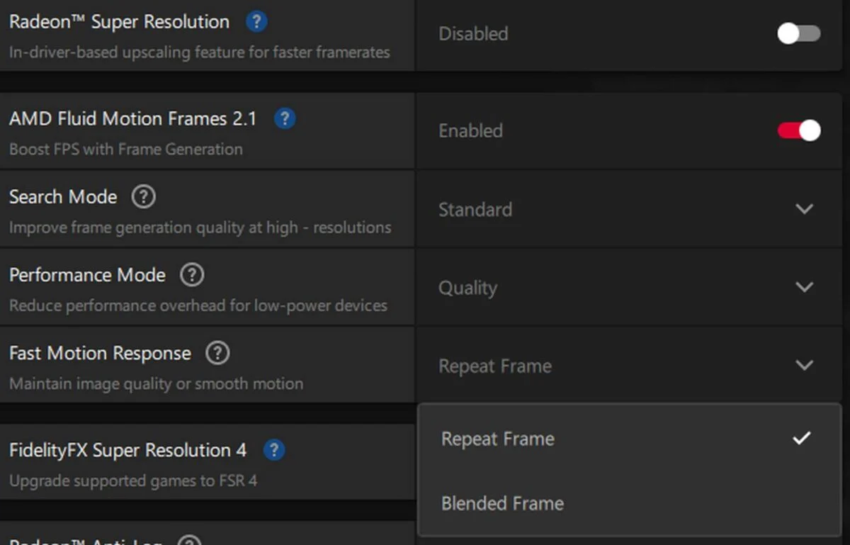 Options Fast Motion Response d'AMD AFMF 2.1.