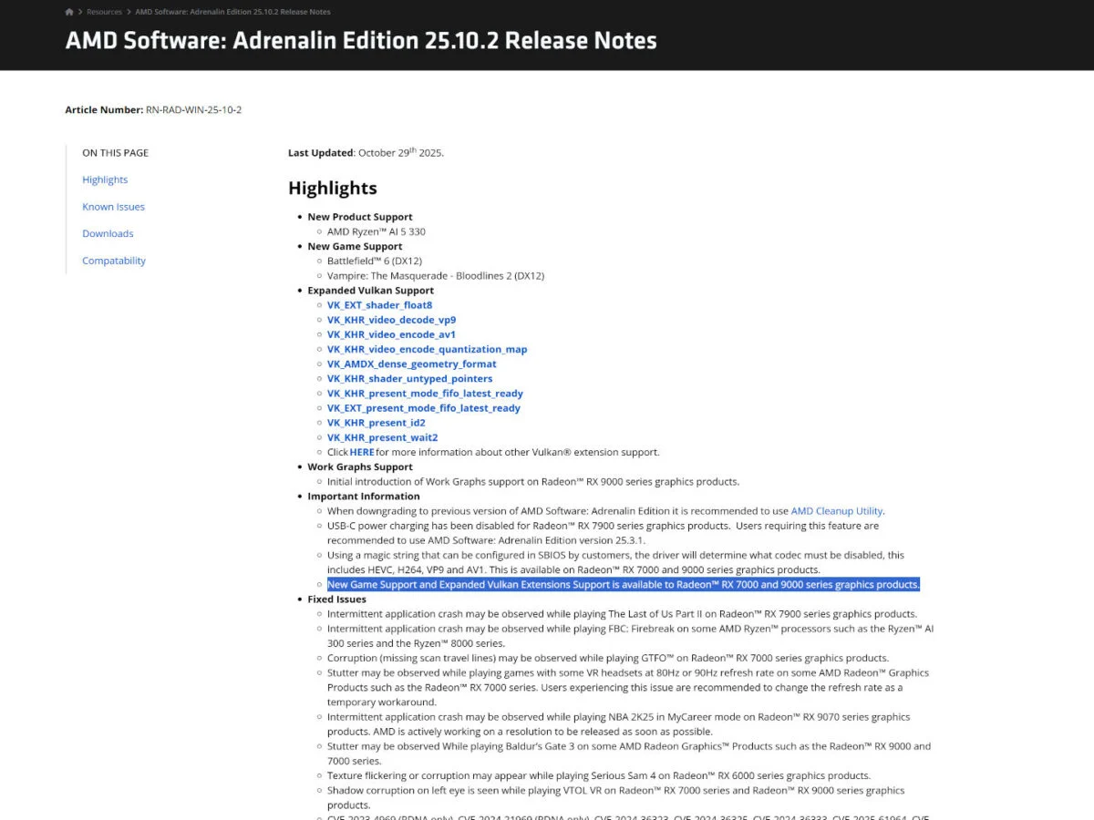 Capture d'écran des notes de version de l'AMD Software : Adrenalin Edition 25.10.2, avec une phrase mise en évidence en bleu, indiquant que les optimisations de jeux sont désormais exclusives aux cartes graphiques Radeon RX 7000 et 9000.