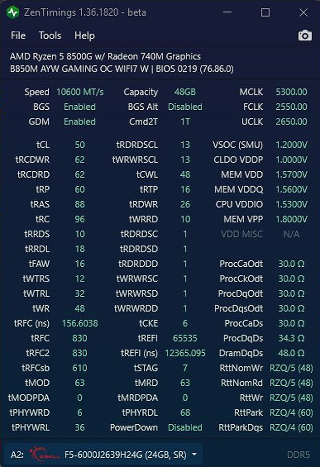 ZenTimings affiche les spécifications AMD Ryzen 5 8500G et B850M AYW GAMING OC.