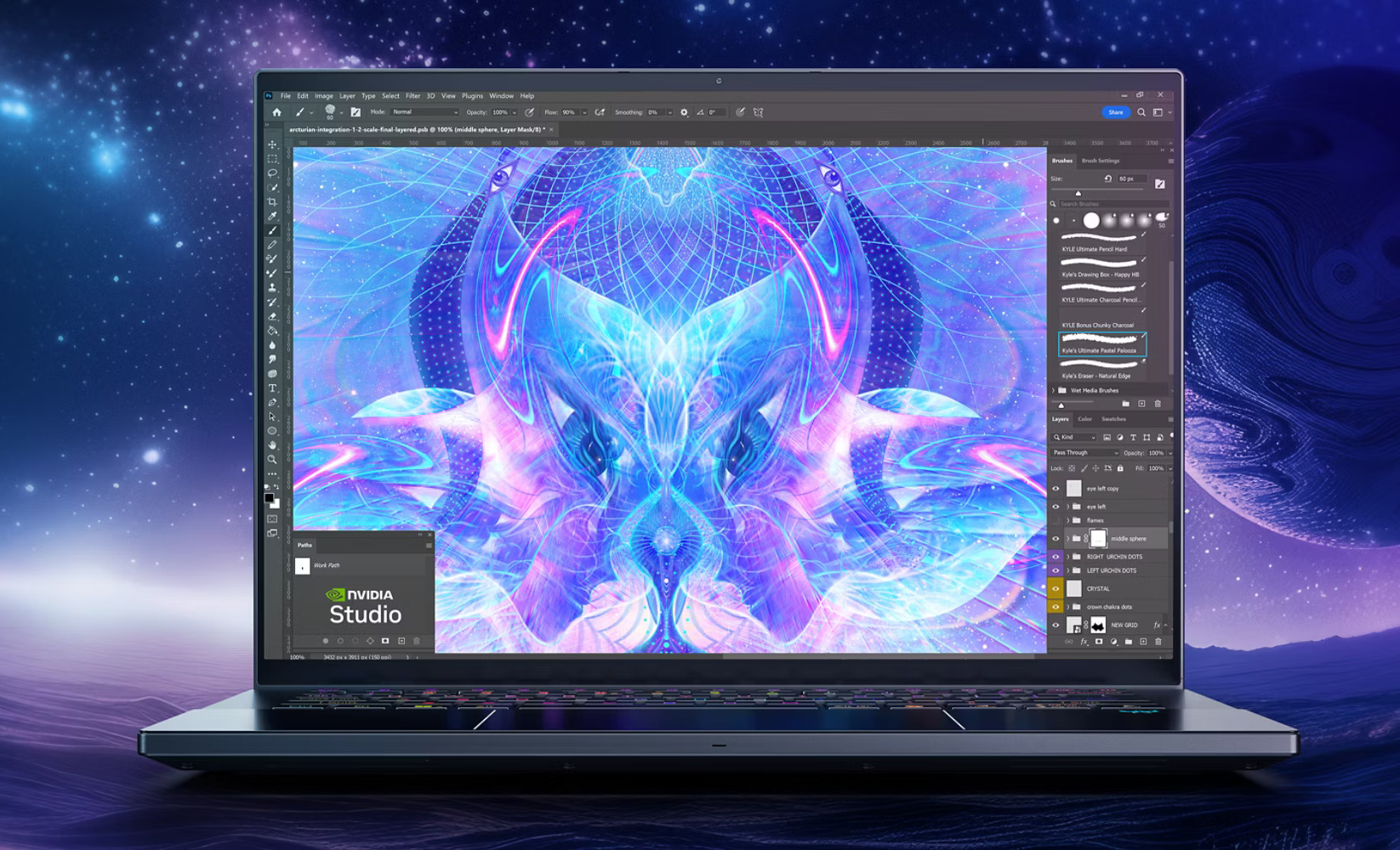NVIDIA Studio on a laptop screen displays digital artwork with vibrant colors, surrounded by a cosmic background.