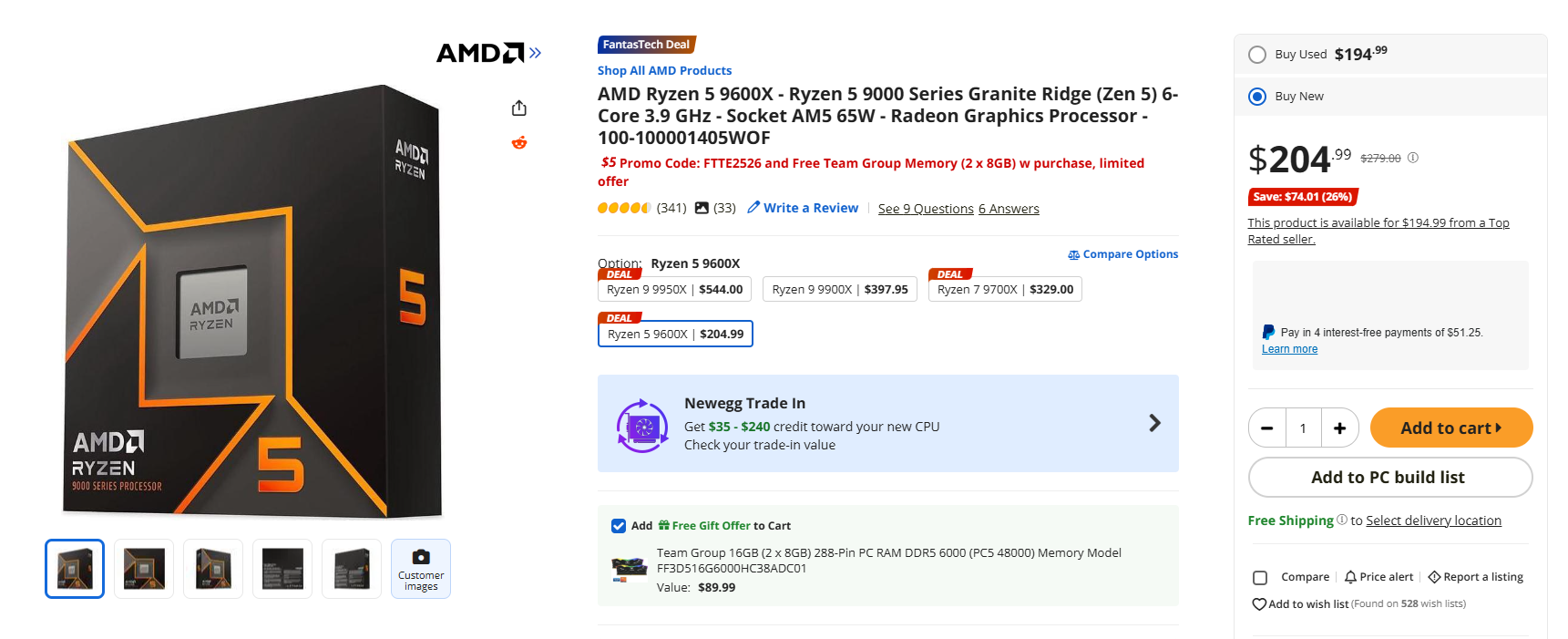 AMD Ryzen 5 9600X en promotion à 204.99 € sur Newegg.