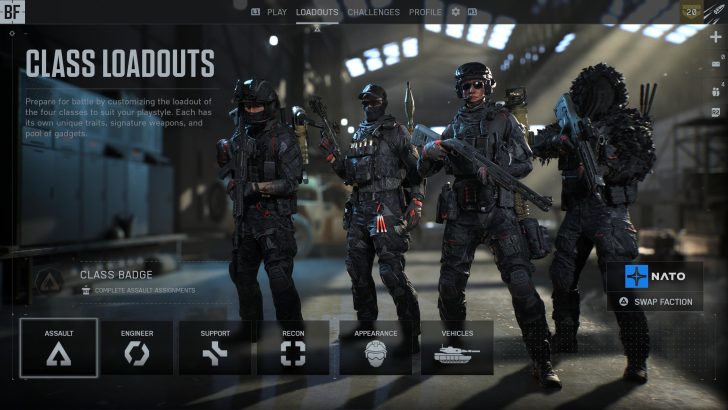 Écran des classes de Battlefield 6 avec quatre soldats affichés et des options comme “Assaut”, “Ingénieur”, “Support”, “Reconnaissance”.