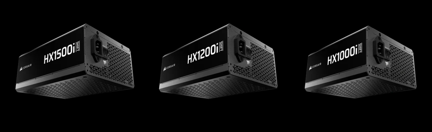 Blocs d'alimentation Corsair étiquetés “HX1500i,” “HX1200i,” et “HX1000i” sur fond noir.