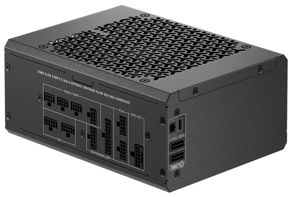 Bloc d'alimentation Corsair avec connecteurs modulaires et ports étiquetés USB et 12V-5.5A sur le côté.