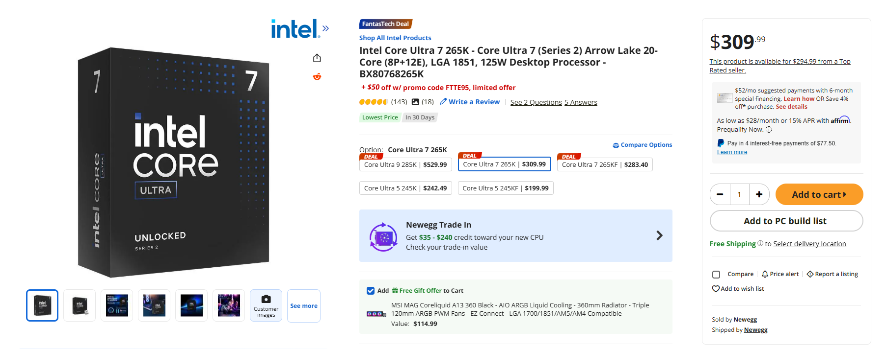 Processeur de bureau Intel Core Ultra 7 265K affiché à 259 € sur le site Newegg.