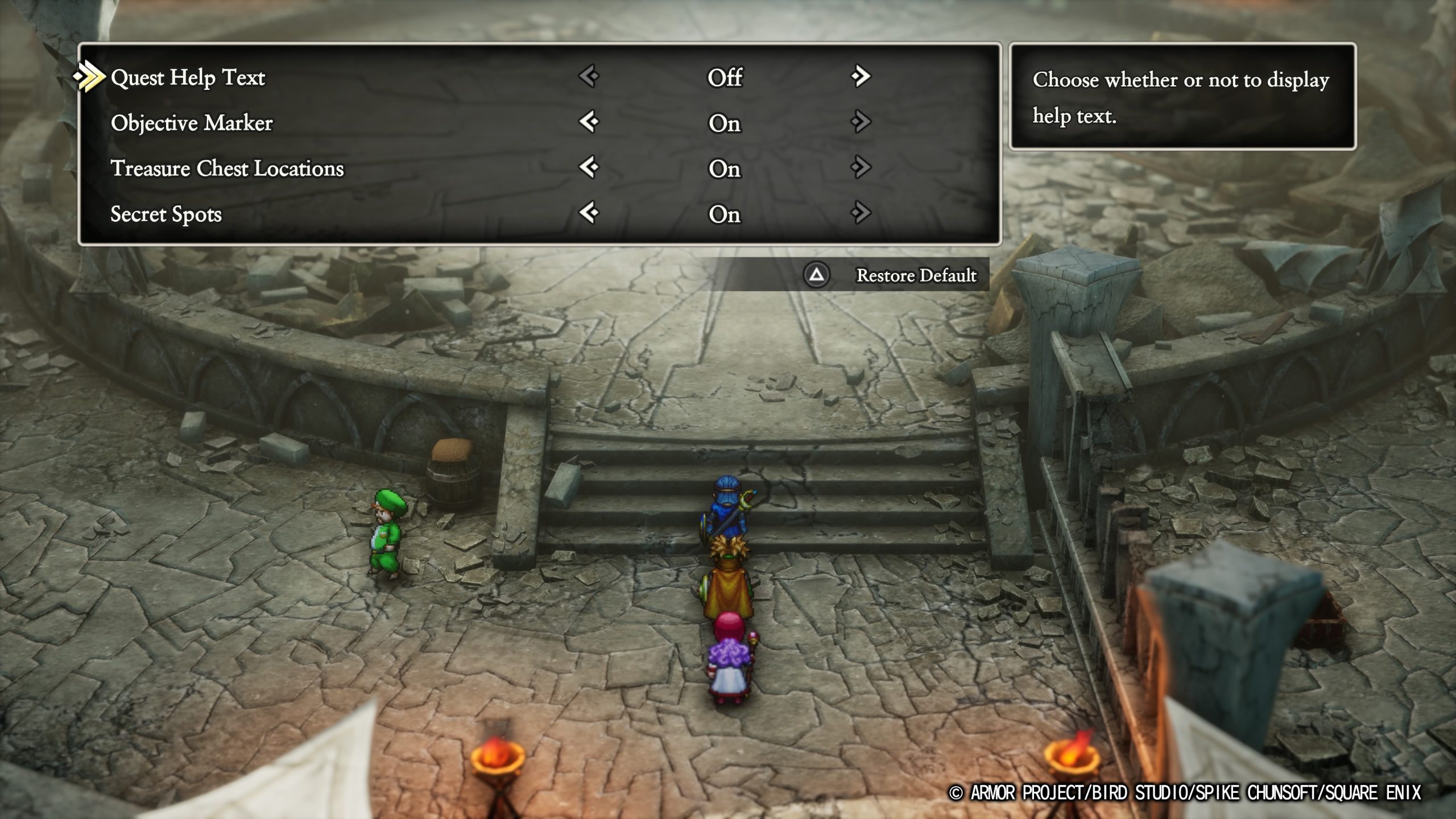 Écran de réglages du jeu avec des options pour l'aide aux quêtes et marqueurs d'objectif ; crédits © ARMOR PROJECT/BIRD STUDIO/SPIKE CHUNSOFT/SQUARE ENIX.