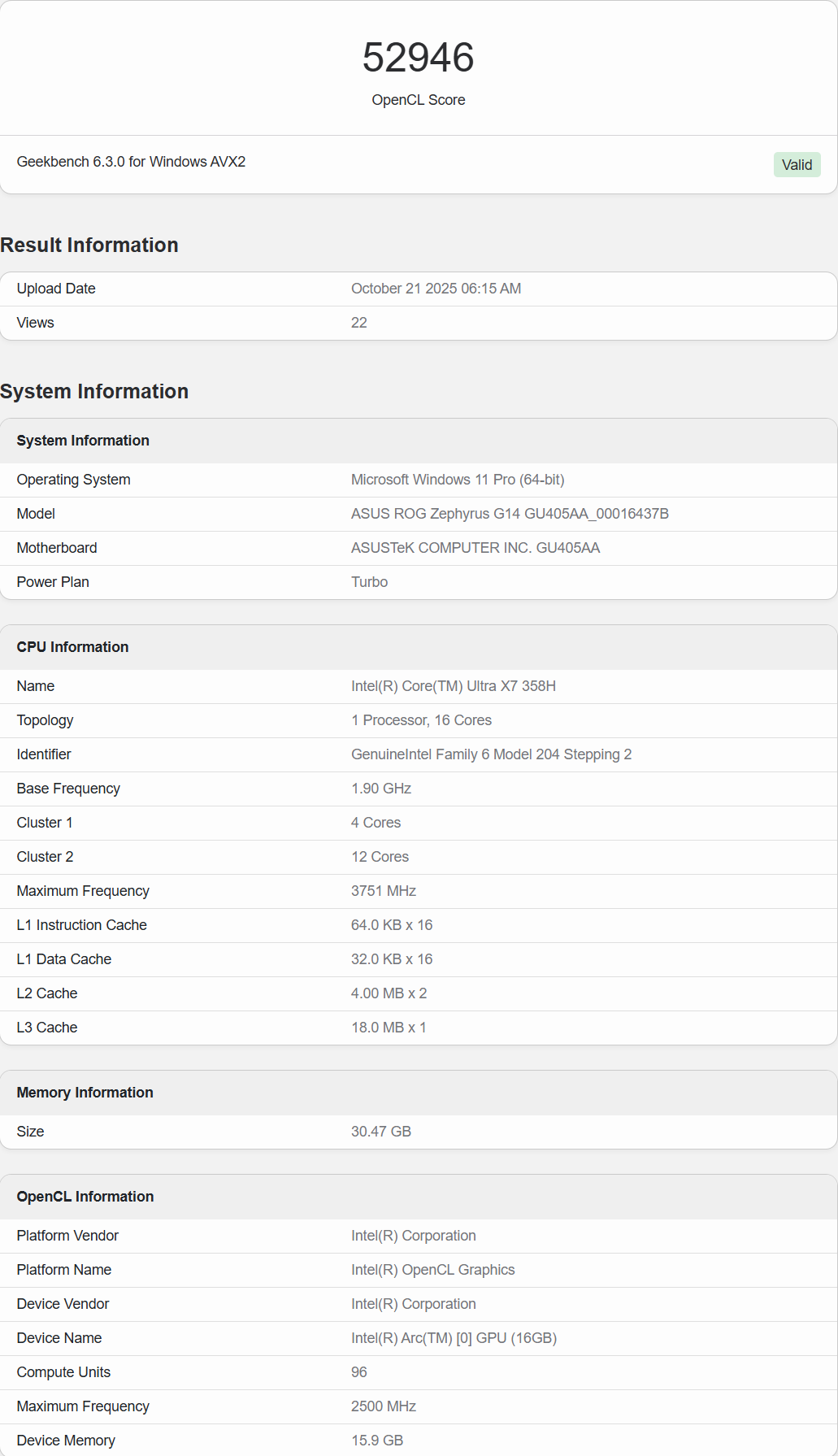 Score Geekbench de 52946 affiché pour l'ASUS ROG Zephyrus G14 avec Intel Core Ultra X7 358H sous Windows 11 Pro.
