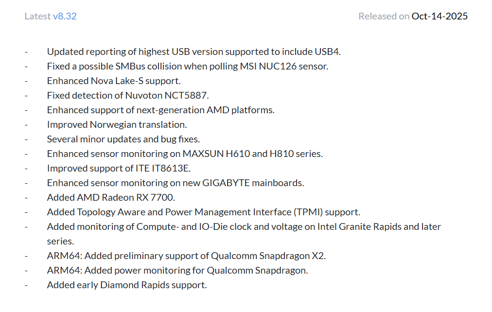 Notes de version v8.32 avec mises à jour pour MSI NUC126, Nova Lake-S, Nuvoton NCT5887, AMD Radeon RX 7700, et Snapdragon X2.