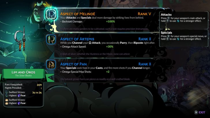 Interface de jeu affichant les capacités des Lames Sœurs.