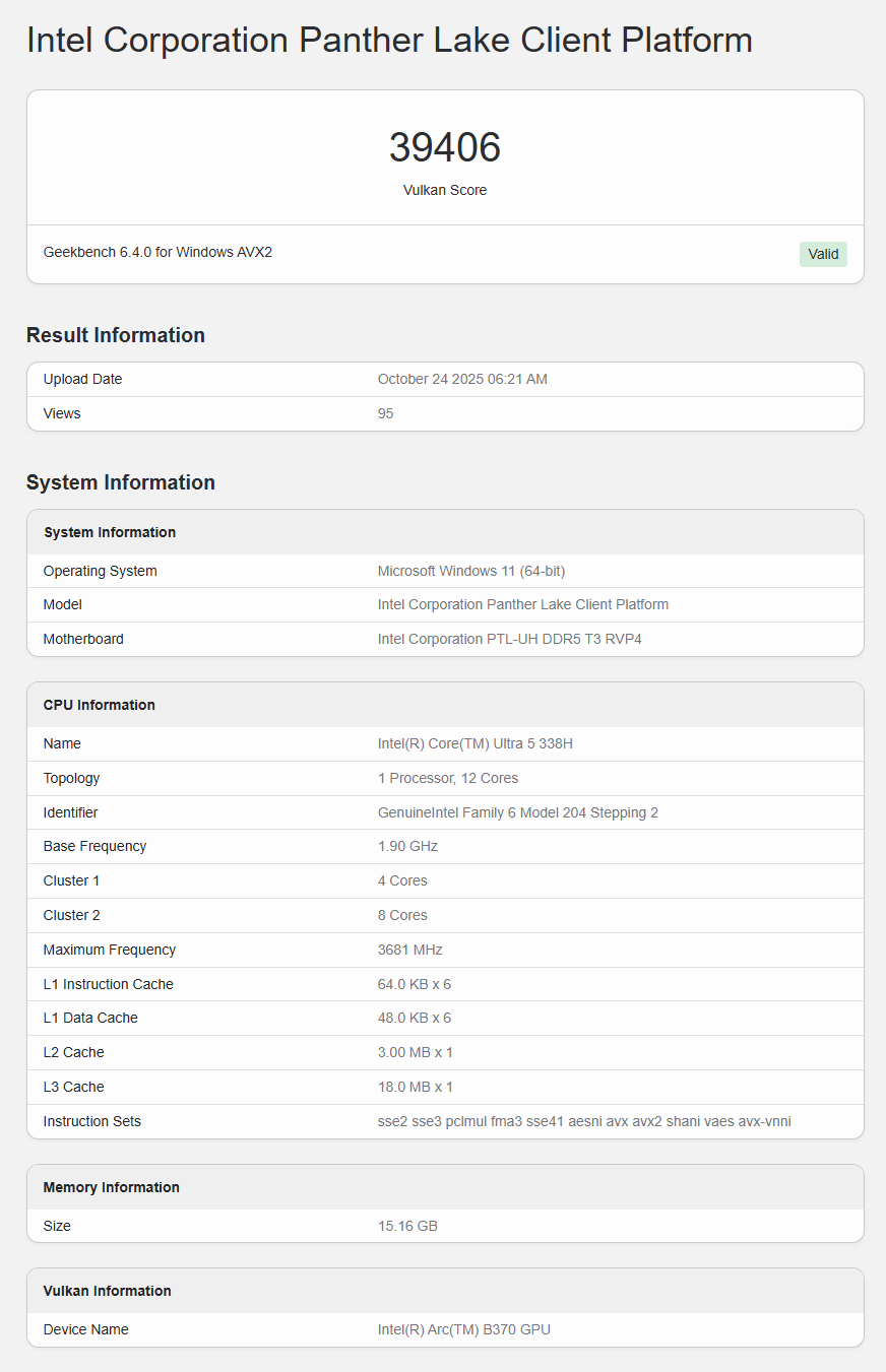 Résultats Geekbench 6.4.0 pour Intel Core Ultra 5 338H avec iGPU Arc B370.