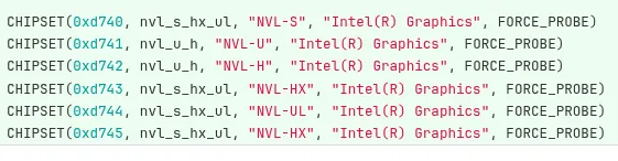 Liste de code des chipsets graphiques Intel avec identifiants et noms de modèles.