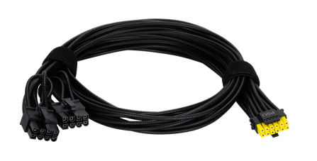 Câble PCIe 5.0 de Corsair avec connecteurs noirs et jaunes.