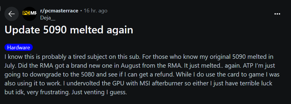 Post Reddit sur r/pcmasterrace relatif à des problèmes avec la RTX 5090.